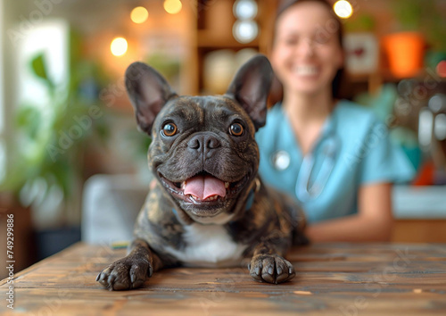 Happy dog on exam table in vet clinic with veterinarian doctor on background.Macro.AI Generative.