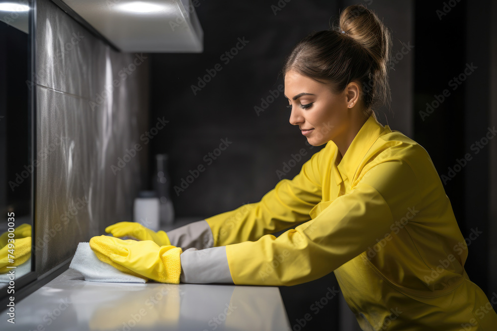 Concentrated woman in yellow cleaning a kitchen surface, modern interior. Concentrated woman in yellow cleaning a kitchen surface, modern interior.
