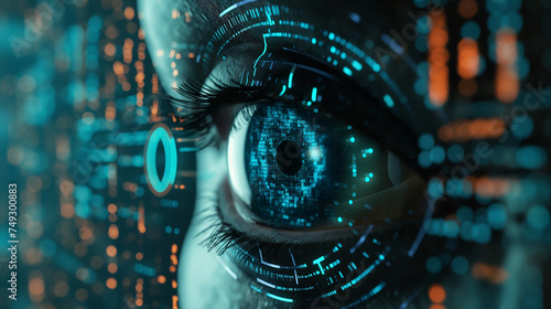 Digital Eye with Futuristic Interface Overlay. An image of a human eye with a digital, cybernetic interface superimposed, symbolizing advanced technology integration. Cybersecurity data protection. photo