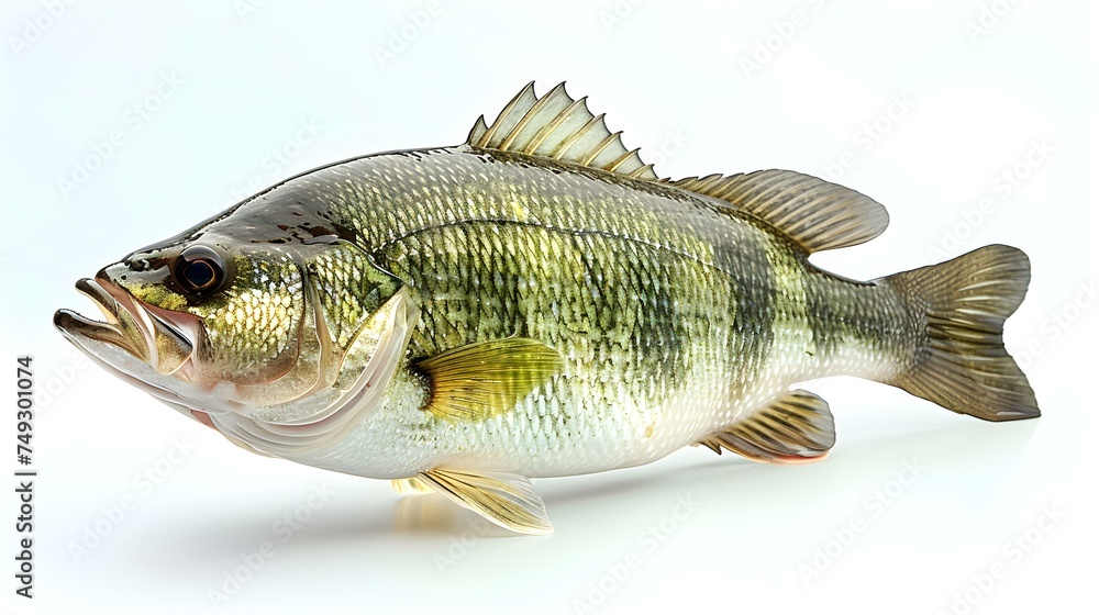 Lone largemouth bass fish leaping in front of white backdrop. Concept Fishing, Largemouth Bass, Leaping, White Backdrop - obrazy, fototapety, plakaty 