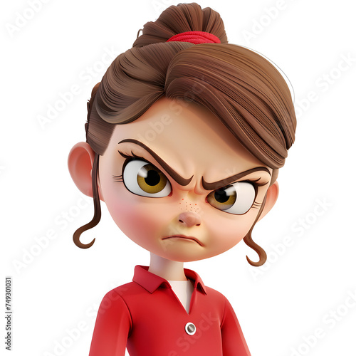 A red blouse dressed cartoon angry girl facial expression 3d rendered image isolated in white background