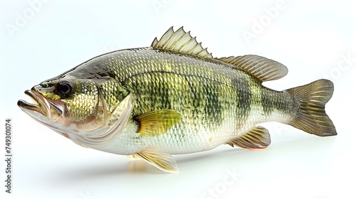 Lone largemouth bass fish leaping in front of white backdrop. Concept Fishing, Largemouth Bass, Leaping, White Backdrop