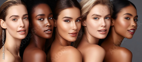 A group of beautiful women with natural beauty and glowing smooth skin. Portrait of many attractive female fashion models with great skincare