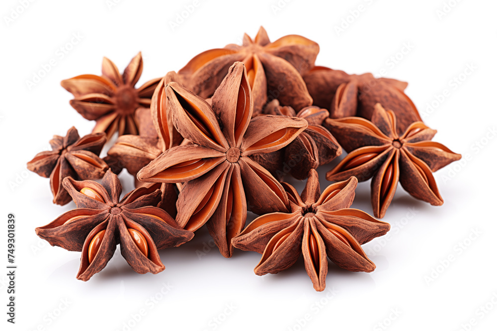 Star anise spice fruits and seeds isolated on white background