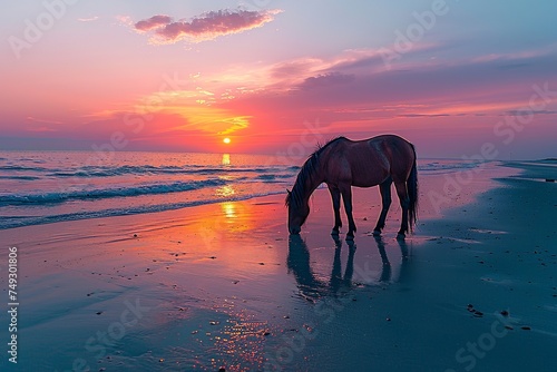 In a tranquil scene, a brown horse stands on the beach, gazing towards the ocean under the vibrant hues of a setting sun, embodying peace and harmony with nature