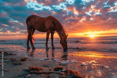 In a tranquil scene, a brown horse stands on the beach, gazing towards the ocean under the vibrant hues of a setting sun, embodying peace and harmony with nature © Silvana
