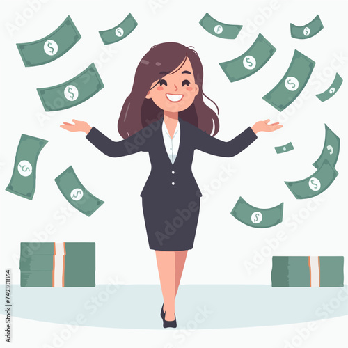 Flat design illustration of a rich woman with money