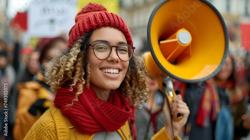 Women protesting with loudspeaker in a street rally against racism and joblessness. Concept Social Justice, Activism, Protesting, Inequality
