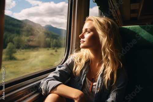 Young European woman sitting in a train looking at the scenery © Andrus Ciprian
