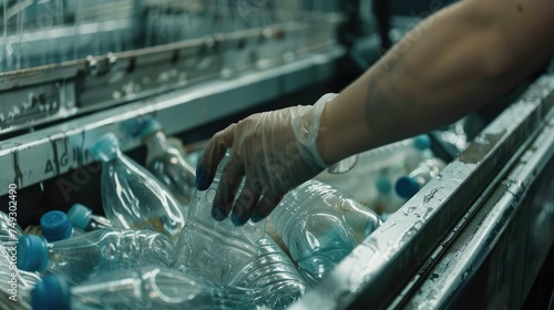 The hands of the employee in gloves are close-up. On the conveyor for recycling and sorting garbage from plastic bottles