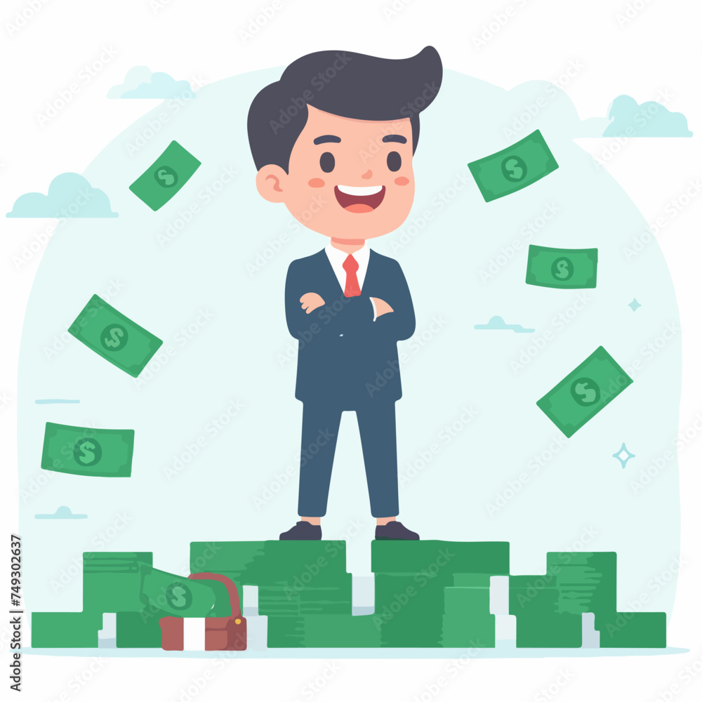 Flat design illustration of a successful man with a pile of money Flat design illustration of a successful man with a pile of money