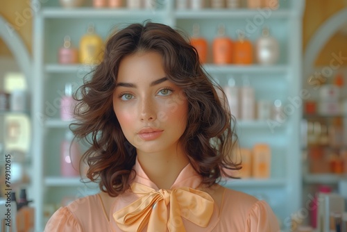 60's Style Teleshopping Hostess Demonstrates Beauty Products with Peach Bow Tie