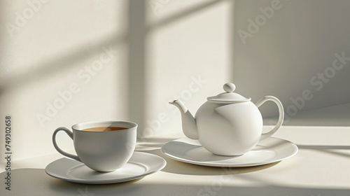 White teapot and cup of tea