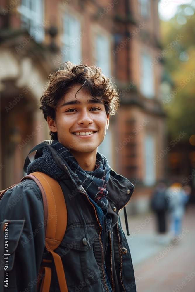 Fototapeta premium Young Student Poses Proudly in Front of University School, Ready to Conquer the Future