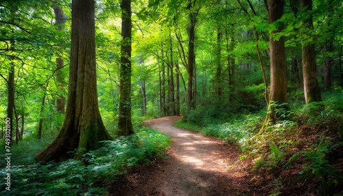 A lush green forest bathed in dappled sunlight