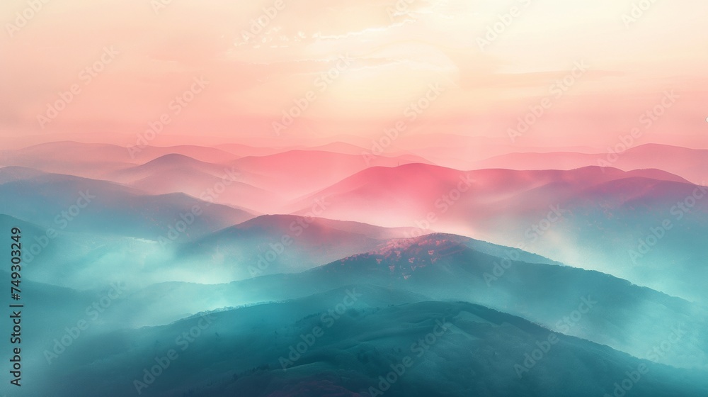 Misty Mountain Sunrise in Pastel Colors. 