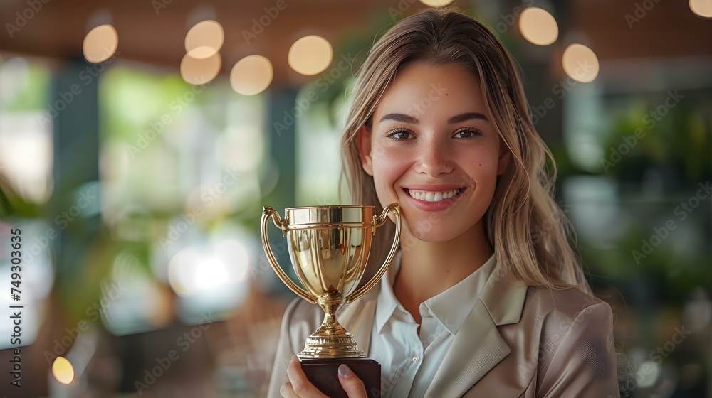 Successful businesswoman proudly holding a golden trophy symbolizing achievement and excellence. Concept Success, Businesswoman, Achievement, Trophy, Excellence Successful businesswoman proudly holding a golden trophy symbolizing achievement and excellence. Concept Success, Businesswoman, Achievement, Trophy, Excellence
