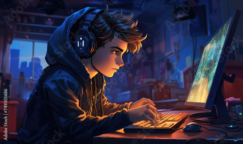 Exciting boy is playing PC games