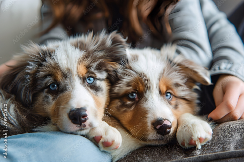 two cute merle Australian shepherd puppy. Pet love concept.