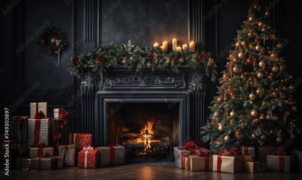 Christmas tree in the living room, a bunch of Christmas presents, a fire in the fireplace. Magic moment Christmas tree in the living room, a bunch of Christmas presents, a fire in the fireplace. Magic moment