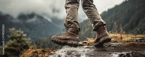 Close up photo of hiker boots on mountains during hiking. © Filip