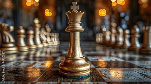 A golden king chess piece facing challengers symbolizing leadership and strategy. Concept Leadership, Strategy, Chess, Golden King Piece, Challengers photo
