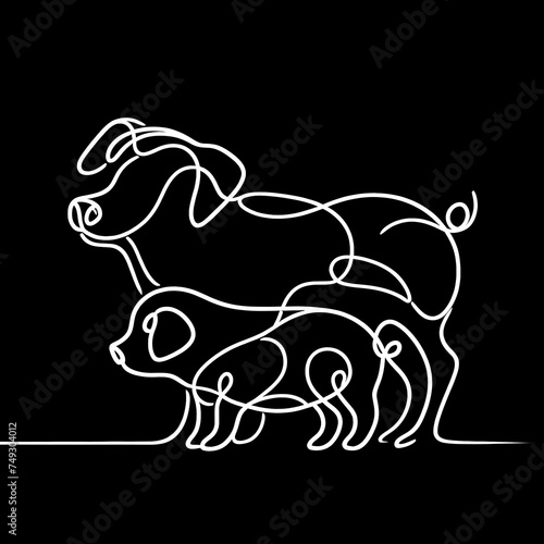 An illustration featuring two pigs drawn in black and white against a dark background.
