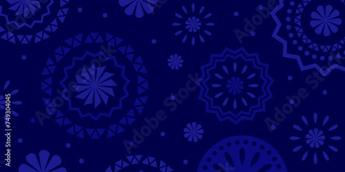 Hispanic heritage month background. Vector banner, poster for social media, networks. Greeting card with copy space. National Hispanic heritage month text, Papel Picado pattern on blue background.