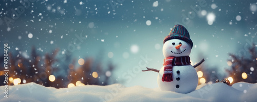 Beautiful snowman in fairytale snowy landscape. Wallpaper and background. © Filip
