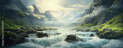 Wild river flowing through the amazing  valley, beautiful landscape © Filip