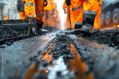 A team of road construction workers lay and smooth hot asphalt gravel, demonstrating synchronized efforts and expertise in road surface repair at a bustling site photo