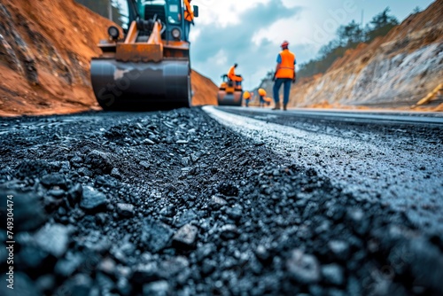 A team of road construction workers lay and smooth hot asphalt gravel, demonstrating synchronized efforts and expertise in road surface repair at a bustling site