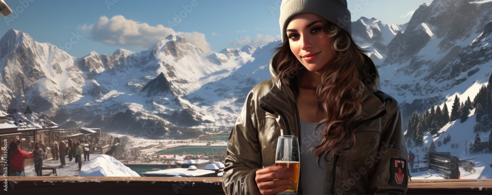 Pretty woman in amazing winter mountains. Apres ski venue