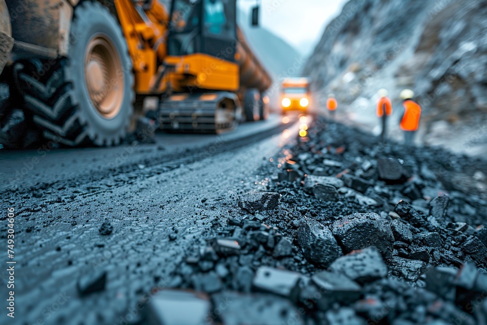 A team of road construction workers lay and smooth hot asphalt gravel, demonstrating synchronized efforts and expertise in road surface repair at a bustling site A team of road construction workers lay and smooth hot asphalt gravel, demonstrating synchronized efforts and expertise in road surface repair at a bustling site