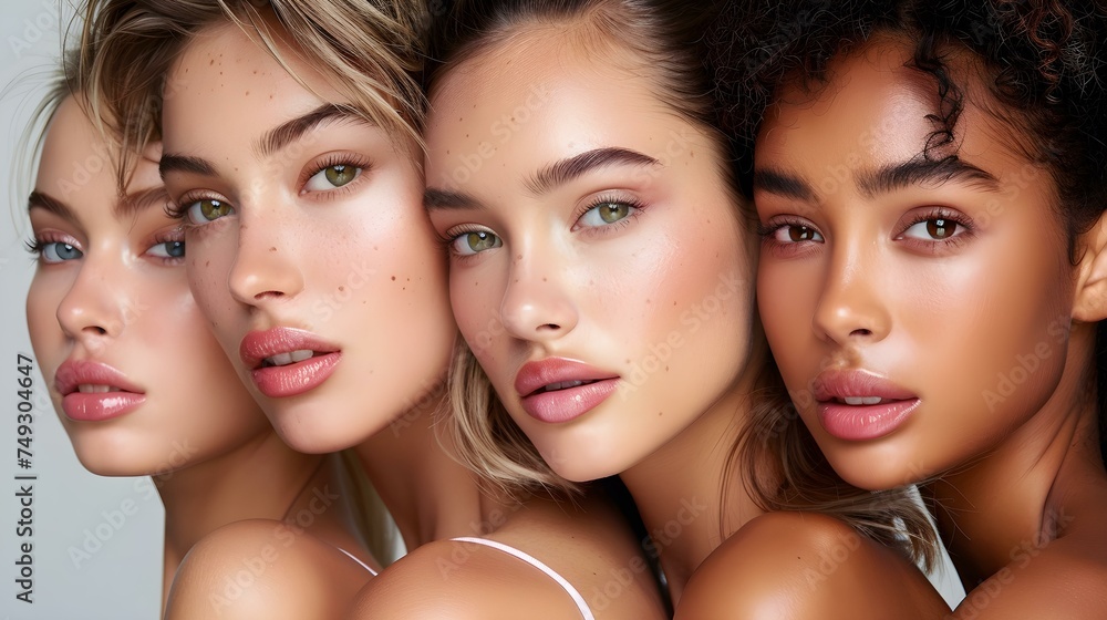 Group of diverse women showcasing natural beauty and flawless skin glow. Concept Natural Beauty, Diverse Women, Flawless Skin Glow, Group Photoshoot, Empowerment