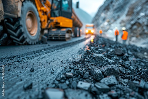 A team of road construction workers lay and smooth hot asphalt gravel, demonstrating synchronized efforts and expertise in road surface repair at a bustling site