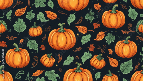 Halloween pumpkin drawing seamless pattern illustration. Fall season harvest vegetable background print for october holiday celebration or thanksgiving event. Decorative hand drawn texture art.	 photo
