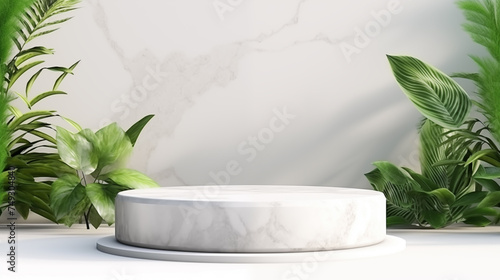 Podium background 3D white marble stand display platform mockup. Stone podium scene summer background 3D render product stage presentation green pedestal plant rock leaf art 3D 