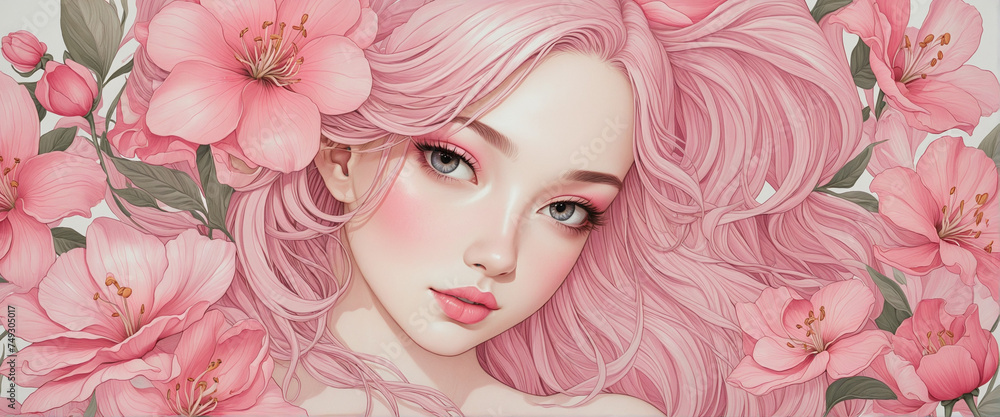 Illustration of a girl in flowers. Shades of pink