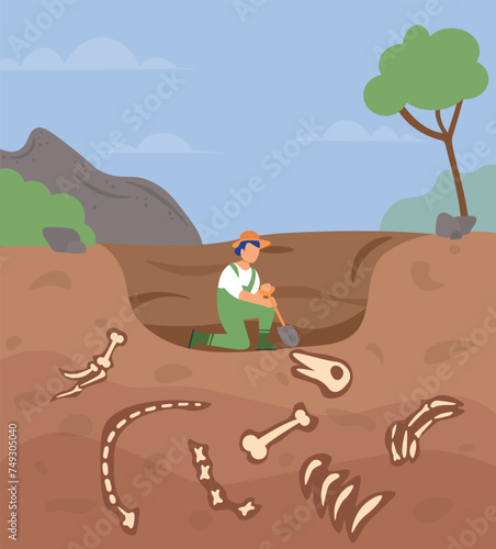 Cartoon female archaeologist excavating a dinosaur underground in a hole in an nature photo