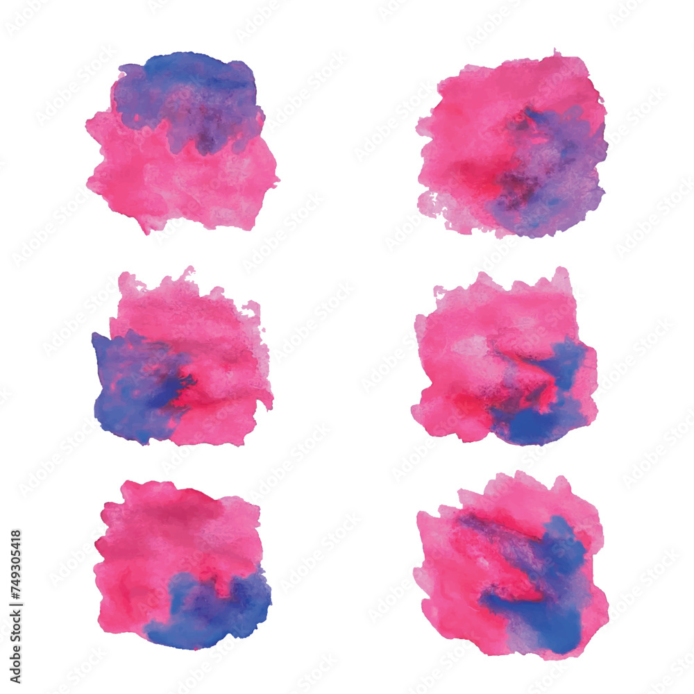 Pink and blue watercolor blotch. Set of blue watercolor circles