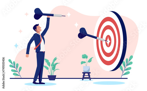 Business target aiming - Businessman with dartboard hitting accurate bullseye perfectly. Success and achievement in career and work concept in flat design vector illustration with white background