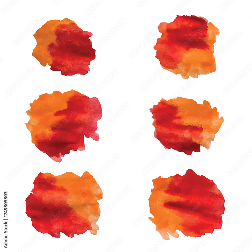 Red and orange watercolor blotch. Set of blue watercolor circles