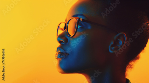 A graphic close-up of a black woman s face set against a gradient of sunset tones  blending into abstraction
