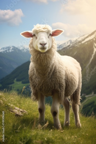 Cute sheep in a field on the background of mountains