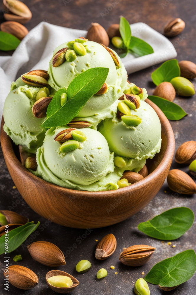 Pistachio Ice Cream Scoops in Wooden Bowl with Leaves and Nuts Pistachio Ice Cream Scoops in Wooden Bowl with Leaves and Nuts