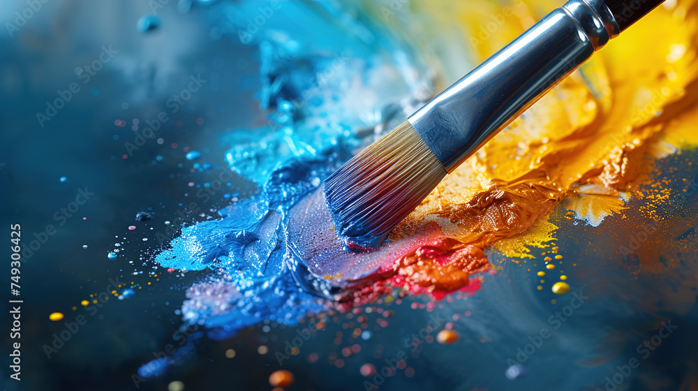 Fototapeta premium Witness the magic of multi-colored paintbrushes at work on a vibrant watercolor painting