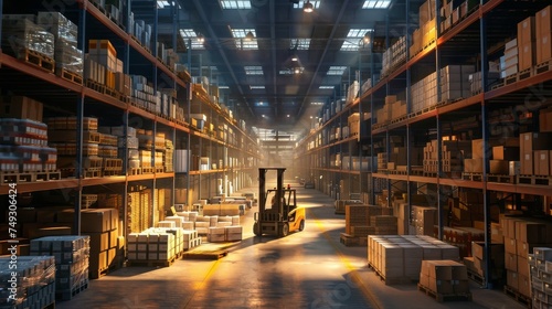 A large warehouse filled with neatly stacked cardboard boxes Workers are moving goods with forklifts There are various types of boxes on the shelves The bright lights create a lively atmosphere