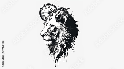 simple vector logo, low detail, no shading, no shadows, lion face in profile, cyberank style clock in the background 