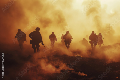 Dramatic scene of military units in tactical formation advancing through a smoky battlefield